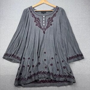 POL Gray Embroidered Tunic Top Long Sleeve Button Front Women Size S Boho